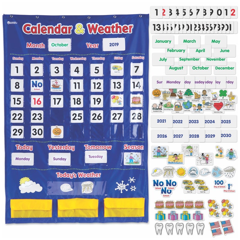 Learning Resources Calendar & Weather Pocket Chart - Classroom Must Haves, Teacher Supplies, Back To School, Daily Routine For Kids, Kindergarten and Homeschool Essentials, Vocabulary Flash Cards - Image 1